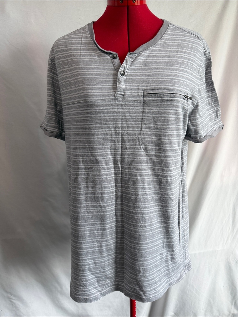 RW&CO. Men's Light Gray Striped Henley Pocket Tee